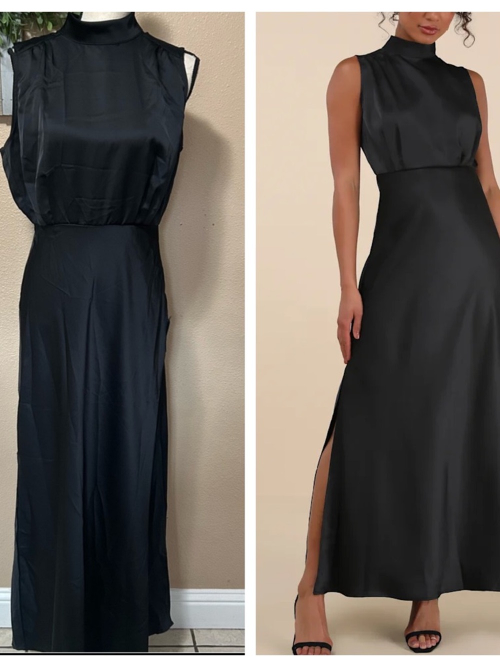 Classic Elegance Black Satin Sleeveless Mock Neck Maxi Dress